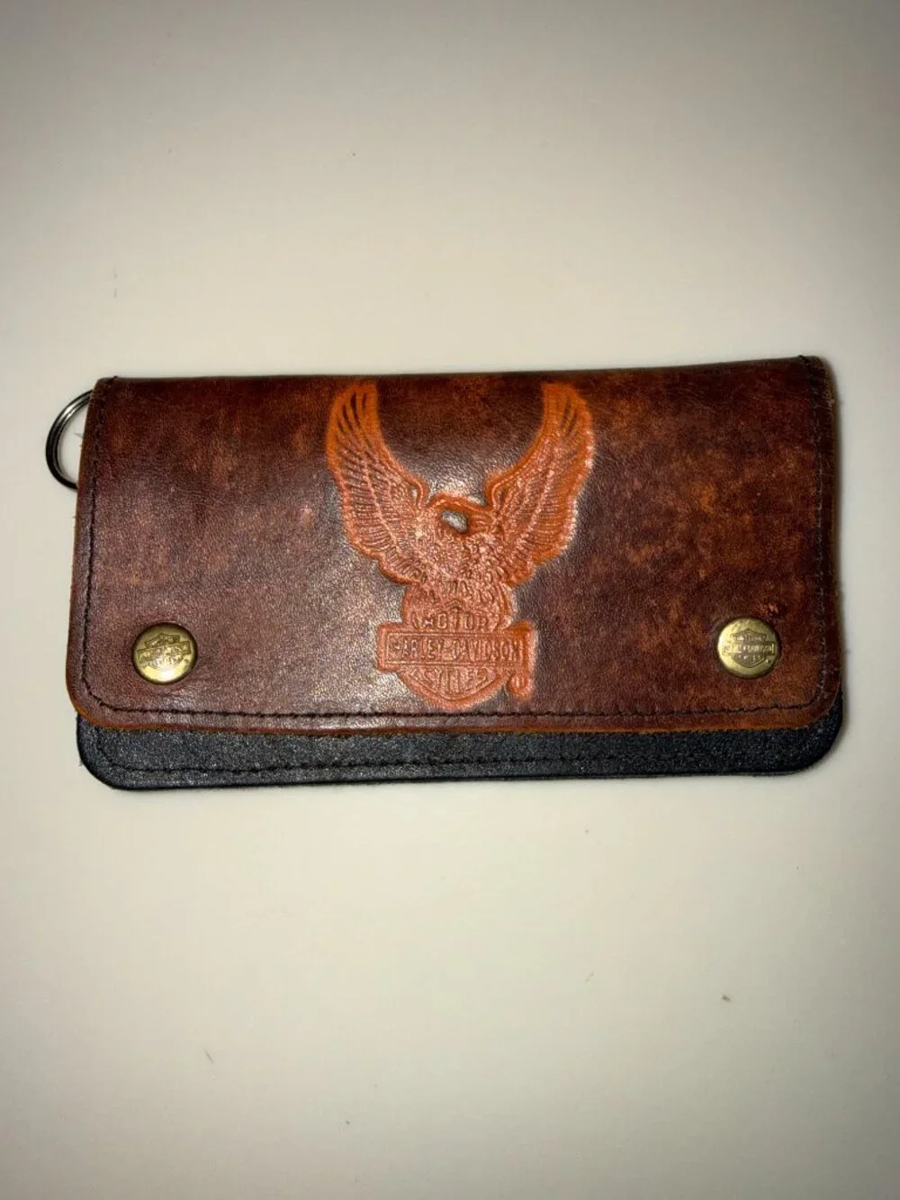 Harley-Davidson Distressed Leather Biker Chain Wallet Embossed Eagle Y2K USA